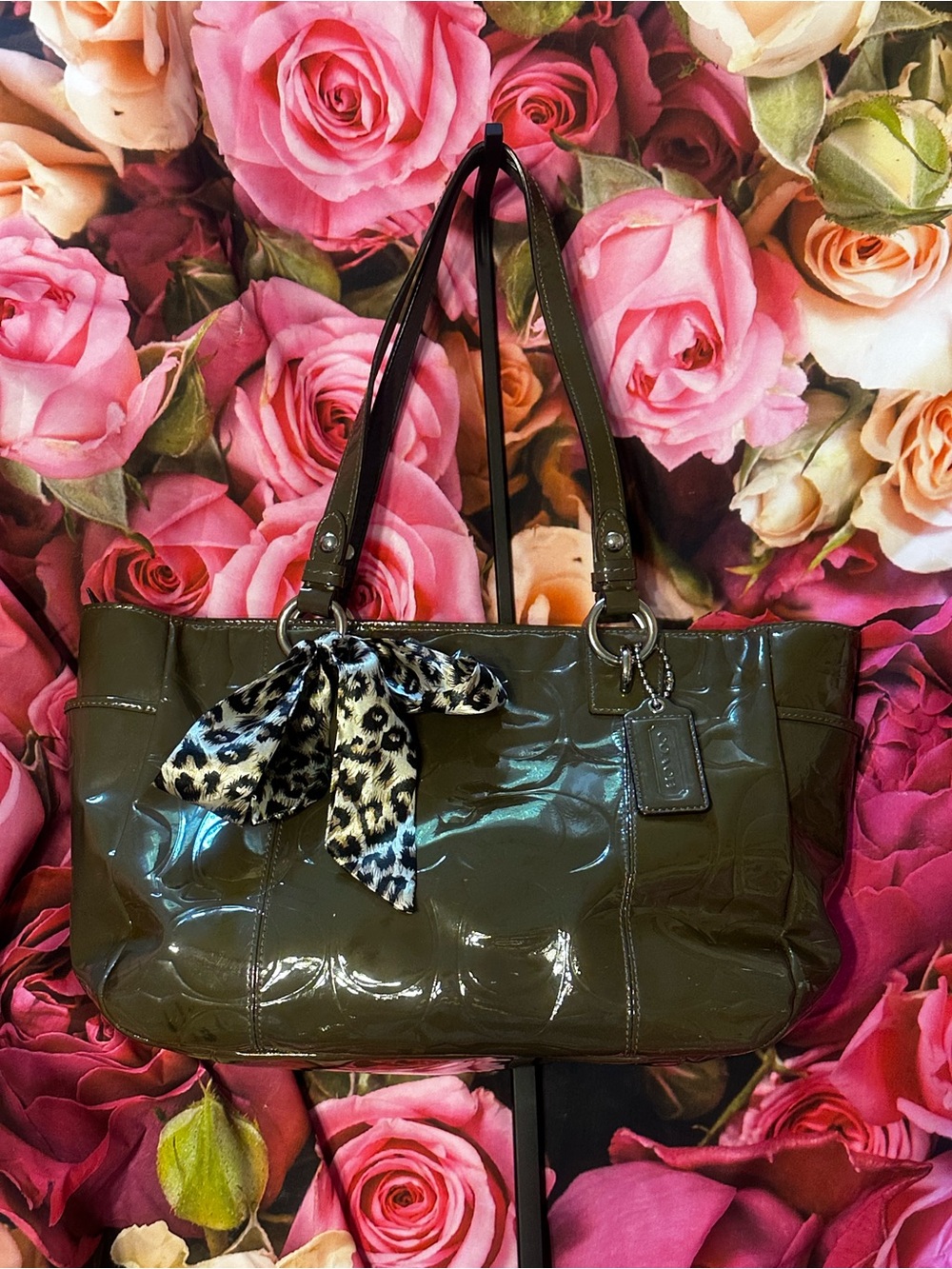 Coach Patent Leather Olive Green Bag w/hang tag and scarf
